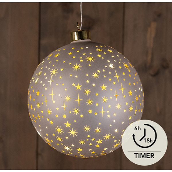 ΜΠΑΛΑ ΓΥΑΛΙΝΗ ΣΑΜΠΑΝΙ ΜΑΤ ΜΕ ΧΡΥΣΑ ΕΣΩΤΕΡΙΚΑ ΑΣΤΕΡΙΑ 15CM 12LED ΘΕΡΜΟ ΛΕΥΚΟ  2XAAA ON/OFF/TIMER 6H ΜΠΑΤΑΡΙΑΣ