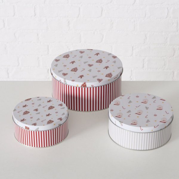 ΚΟΥΤΙ Set/3 ΑΠΟΘΗΚΕΥΣΗΣ ΣΤΡΟΓΓΥΛΟ Nollaig  ΚΟΚΚΙΝΟ ΛΕΥΚΟ ΡΙΓΕ ΜΕΤΑΛΛΙΚΟ H6/6.5/9cm D13,5/16/20cm