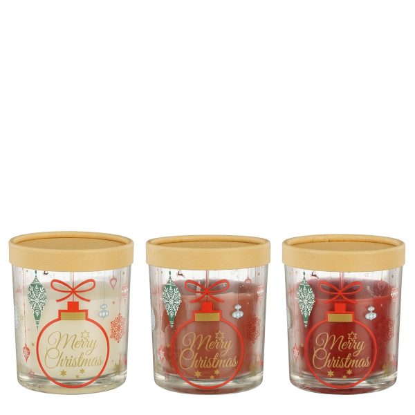 ΚΕΡΙ 3/ass MERRY CHRISTMAS ΜΕ ΚΑΠΑΚΙ ΓΥΑΛΙ ΛΕΥΚΟ ΚΟΚΚΙΝΟ ΡΟΖ h11xd9,5cm ΠΑΡΑΦΙΝΗ