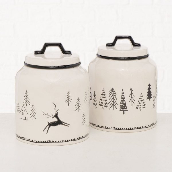 ΔΟΧΕΙΟ ΑΠΟΘΗΚΕΥΣΗ 2/ass ΜΕ ΧΕΡΟΥΛΙ Madalyn ΣΧΕΔΙΟ ΔΕΝΔΡΑ/ΕΛΑΦΙ ΑΣΠΡΟ/ΜΑΥΡΟ H21cm D17cm ΔΟΛΟΜΙΤΗΣ