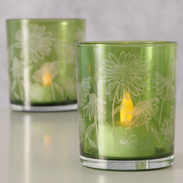 ΚΗΡΟΠΗΓΙΟ Set/2 Gardo, ΠΡΑΣΙΝΟ ΓΥΑΛΙ lacquered,Floral H9/10cm, D7/9cm