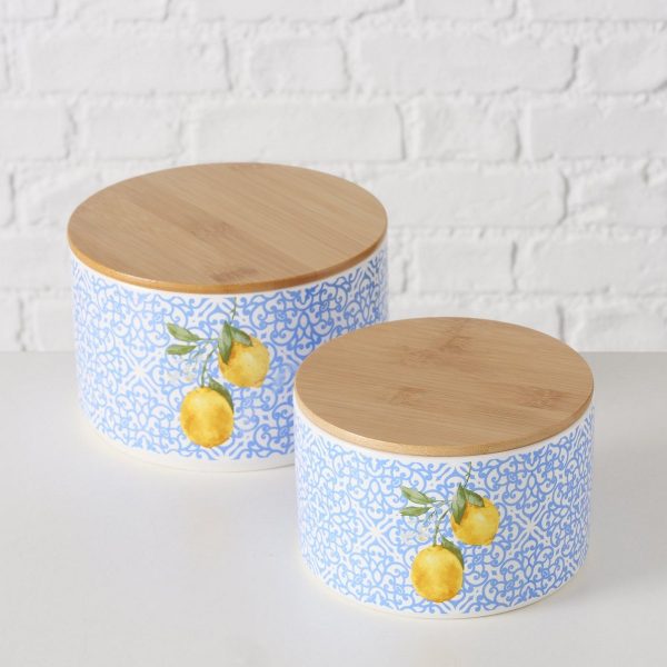 ΔΟΧΕΙΟ Set/2  ΑΠΟΘΗΚΕΥΣΗΣ ΣΧΕΔΙΟ Capri ΛΕΜΟΝΙΑ ΜΠΛΕ ΚΙΤΡΙΝΟ H9/10cm, D13/16cm ΚΑΠΑΚΙ Bamboo ΜΕ ΣΙΛΙΚΟΝΗ ΚΕΡΑΜΙΚΟ