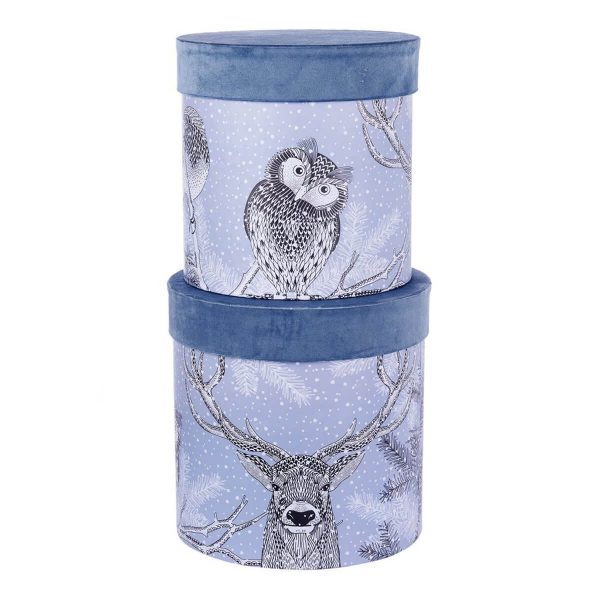 ΚΟΥΤΙ Set/2  ΚΥΛΙΝΔΡΙΚΟ ΜΠΛΕ ΒΕΛΟΥΔΟ  ΜΕ ΚΟΥΚΟΥΒΑΓΙΑ /ΤΑΡΑΝΔΟΣ  D23-H25cm D25-H26cm