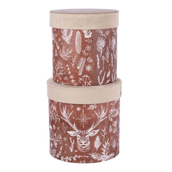 ΚΟΥΤΙ Set/2  ΚΥΛΙΝΔΡΙΚΟ ΜΠΕΖ ΒΕΛΟΥΔΟ ΚΑΦΕ ΤΑΡΑΝΔΟΣ / ΚΟΥΚΟΥΝΑΡΙΑ D23-H25cm D25-H26cm