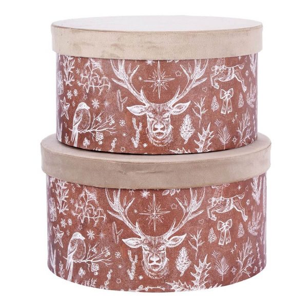 ΚΟΥΤΙ Set/2 ΣΤΡΟΓΓΥΛΟ  ΜΠΕΖ ΒΕΛΟΥΔΟ ΚΑΦΕ ΤΑΡΑΝΔΟΣ / ΚΟΥΚΟΥΝΑΡΙΑ  D16-H19cm, D23-H25cm