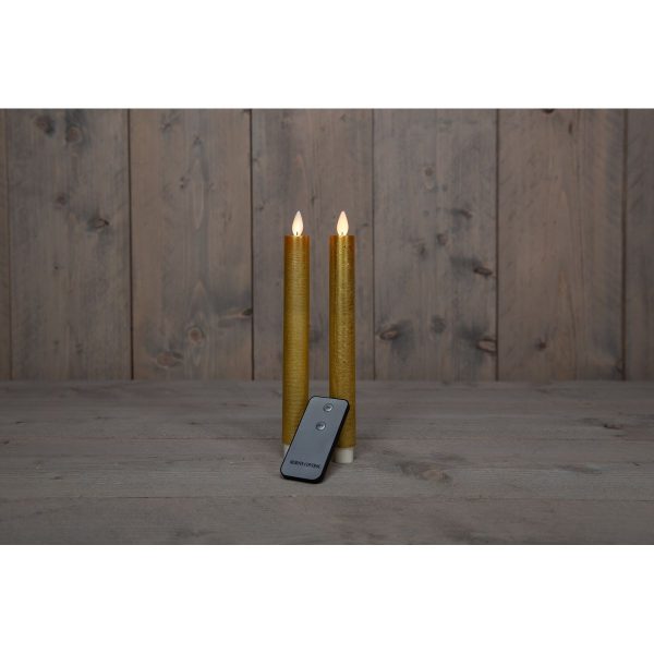ΚΕΡΙ  SET/2 ΧΡΥΣΟ RUSTIC  ΜΕ ΚΙΝΟΥΜΕΝΗ ΦΛΟΓΑ ΜΠΑΤΑΡΙΑΣ  TAPER CANDLE 23CM REMOTE CONTROLLED (ON/OFF) 2X2AA / COLOURBOX B