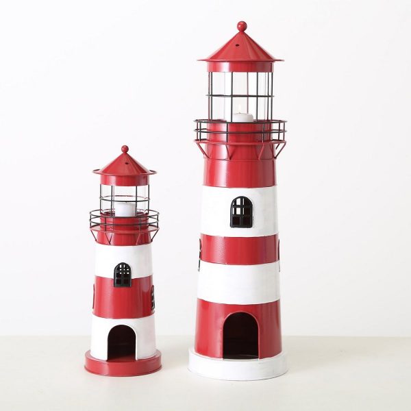 ΦΑΡΟΣ Set/2 Leuchtturm ΚΟΚΚΙΝΟ ΛΕΥΚΟ H42/64cm, D15/19cm ΜΕΤΑΛΛΟ ΓΥΑΛΙ
