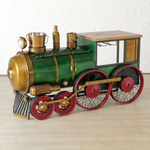 ΜΠΑΡΑΚΙ ΤΡΕΝΟ Freyda H 100CM,L 165cm ,W 55cm ΠΡΑΣΙΝΟ ΚΟΚΚΙΝΟ ΧΡΥΣΟ ΜΕ ΘΕΣΗ ΓΙΑ ΜΠΟΥΚΑΛΙΑ ,ΠΑΓΟΘΗΚΗ,ΣΕΙΚΕΡ ΜΕΤΑΛΛΟ ΞΥΛΟ