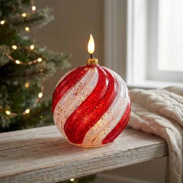 ΚΕΡΙ ΣΧΗΜΑ ΜΠΑΛΑ Swirl H 14cm,D 10cm LED ΓΥΑΛΙΝΗ ΑΣΠΡΗ ΚΟΚΚΙΝΗ ΡΙΓΑ ΜΕ TIMER