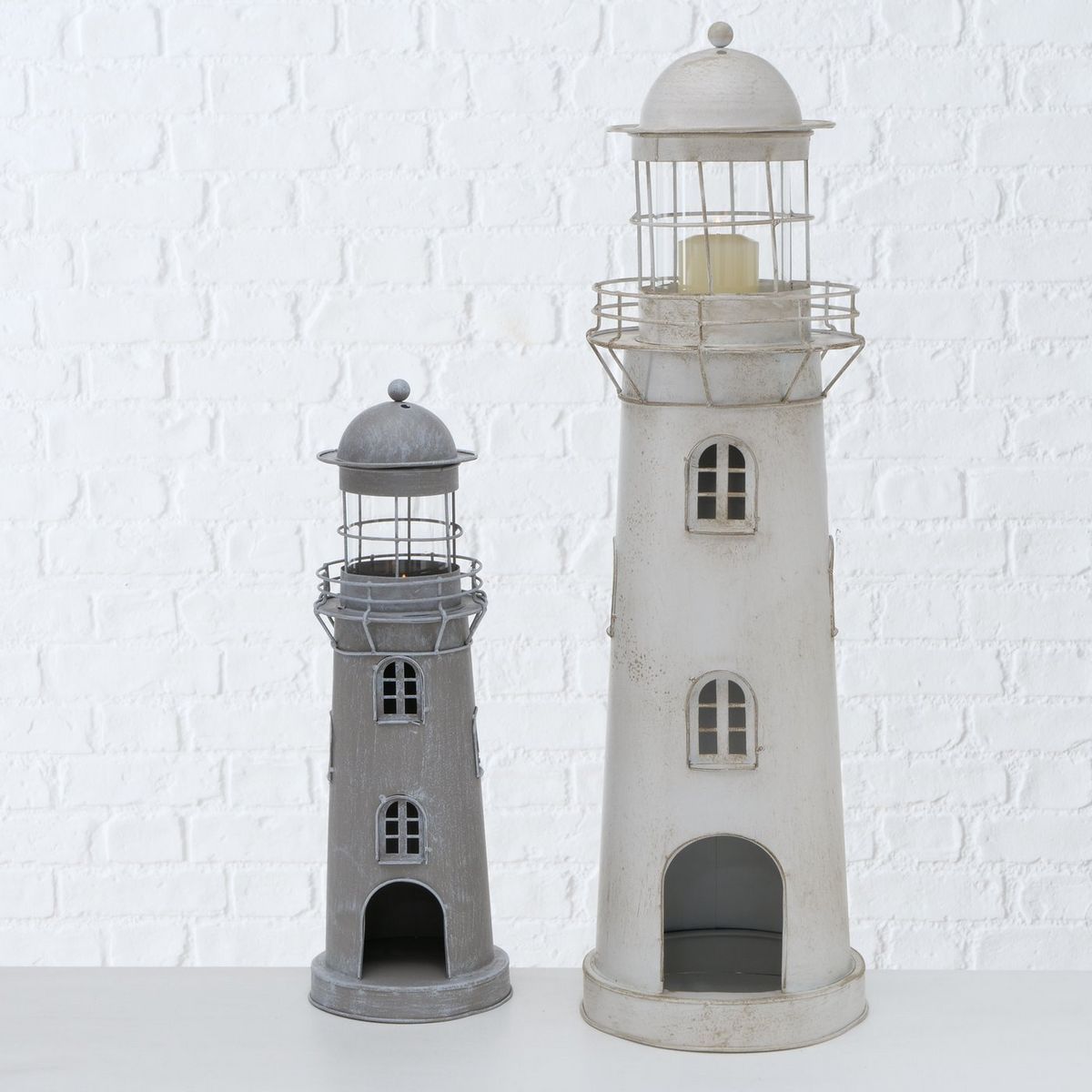 ΦΑΝΑΡΙ ΦΑΡΟΣ Leuchtturm Set/2 ΛΕΥΚΟ/ΓΚΡΙ ΜΕΤΑΛΛΙΚΟ H54-75 D16-22cm