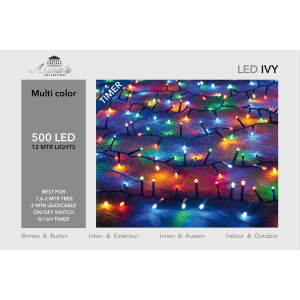 ΦΩΤΑΚΙΑ IVY 500L/12M ΠΟΛΥΧΡΩΜΑ LED TIMER - 5MM CONCAVE LED - 4MTR LEAD CABLE ΜΑΥΡΟ - 31V/IP44 ΜΕΤΑΣΧΗΜ 3.6VA ΜΕ ΛΕΙΤΟΥΡΓ