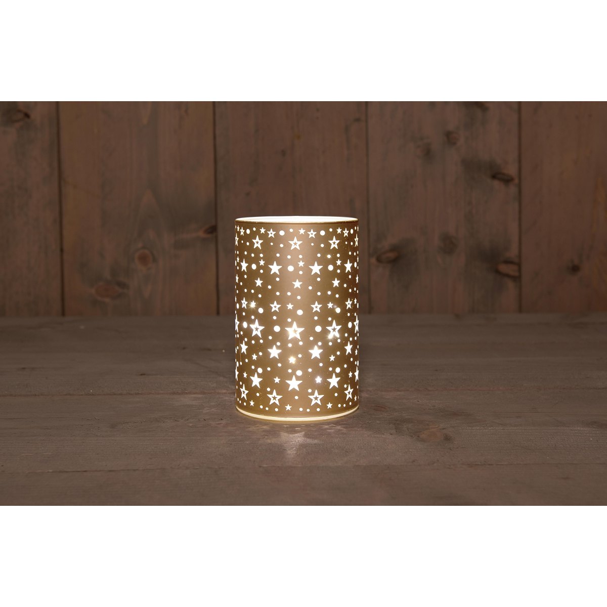 ΚΥΛΙΝΔΡΟΣ ΓΥΑΛΙ ΜΑΤ ΧΡΥΣΟ ΜΕ ΑΣΤΕΡΙΑ 10X15CM / 8LED ΘΕΡΜΟ ΛΕΥΚΟ / ΑΣΗΜΙ ΕΣΩΤΕΡΙΚΑ ΜΠΑΤΑΡΙΑ 3XAA /COLORBOX