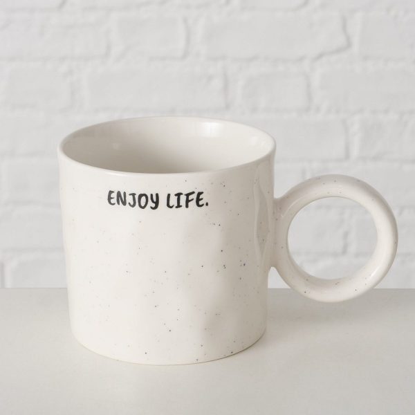 ΚΟΥΠΑ Jumbo "Enjoy Life" 420ml ΛΕΥΚΟ ΜΑΥΡΟ ΠΟΡΣΕΛΑΝΗ H9cm D10cm New Bone Dishwasher proof