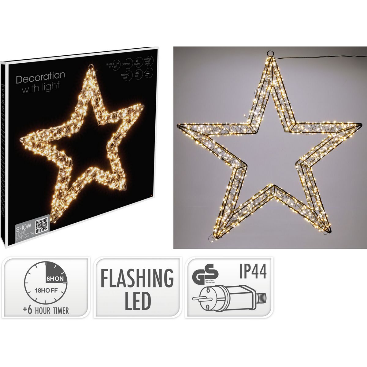 ΑΣΤΕΡΙ ΜΕΤΑΛΛΙΚΟ ΧΡΥΣΟ W 76 Χ L 8 ΧH 76 cm ΜΕ 1440 FLASH MIXED WARM WHITE ΚΑΙ EXTRA WARM WHITE IP 44 ADAPTOR