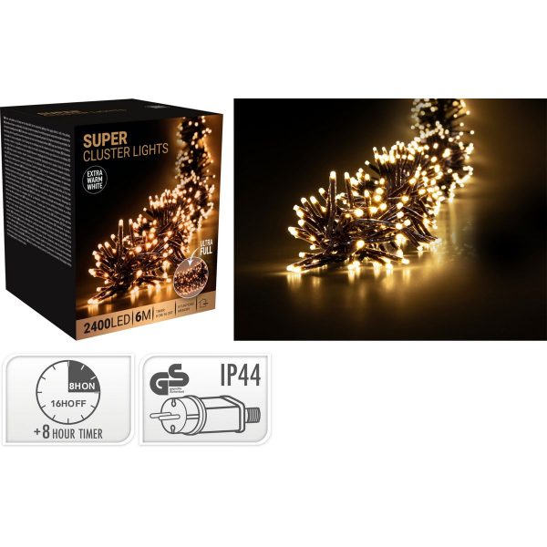 ΦΩΤΑΚΙΑ SUPER CLUSTER 2400 EXTRA WARM WHITE LED 6 Μ ,3mm ΛΑΜΠΑ IP 44 ADAPTOR,8 ΛΕΙΤΟΥΡΓΙΕΣ ,TIMER 5 LENGTH OF LIGHTS: 6MTR, IP44 36V/7.2W ADAPTER, 8 FUNCTION CONTROLLER MEMORY WIT